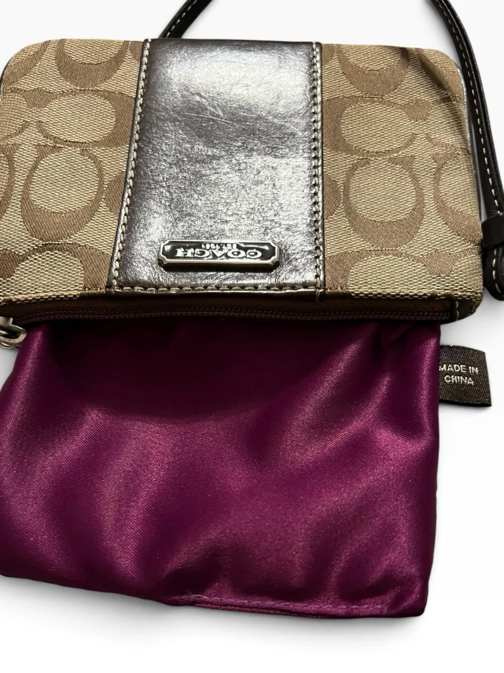 Coach Brown Signature Canvas Wristlet with Dark Leather Trim